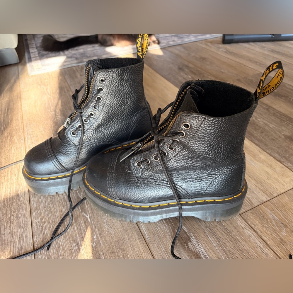 Black Dr Martens Platform Leather Boots with Zipper Tab and Yellow Stitching